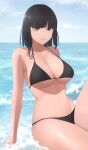  1girl bangs beach bikini black_bikini black_hair blunt_bangs breasts fubuki_(one-punch_man) green_eyes highres large_breasts looking_at_viewer navel one-punch_man parted_lips senju_(snz0) short_hair sitting smile solo strap_gap swimsuit water wet 