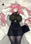  1girl animal_ears bangs bed_sheet belt breasts cat_ears clenched_hands closed_eyes coffee_mug commission cup girls_frontline hair_between_eyes high-waist_skirt huge_breasts labcoat long_hair lying miniskirt mug on_back pantyhose persica_(girls&#039;_frontline) pink_hair red_eyes ribbed_sweater skirt sleeping solo sweater thighs turtleneck turtleneck_sweater zcune 