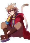  1boy absurdres animal_ear_fluff animal_ears bangs blue_shirt boots brown_eyes brown_footwear brown_hair brown_pants cat_boy cat_ears cat_tail cheshire_(ragnarok_online) cloak closed_mouth commentary_request eyebrows_visible_through_hair full_body hair_between_eyes head_rest highres long_sleeves looking_at_viewer male_focus manoji pants pants_tucked_in ragnarok_online red_cloak shirt short_hair simple_background sitting solo tail white_background 