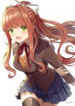  1girl :d arm_at_side arm_behind_back artist_name bangs black_legwear blush breasts brown_hair brown_legwear brown_vest collared_shirt commentary doki_doki_literature_club dress_shirt eyebrows_visible_through_hair green_eyes happy highres jacket large_breasts leaning_forward long_hair looking_at_viewer monika_(doki_doki_literature_club) neck_ribbon open_mouth pleated_skirt ponytail red_ribbon ribbon shirt skirt smile solo thigh-highs tyone vest white_shirt 