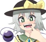  1girl bangs black_headwear bow bright_pupils commentary_request crooked_teeth eyebrows_visible_through_hair fang finger_in_mouth frilled_shirt_collar frills green_eyes hair_between_eyes hand_up hat hat_bow highres komeiji_koishi light_green_hair looking_at_viewer mouth_pull open_mouth shirt simple_background solo teeth third_eye tongue topadori touhou upper_body white_background white_pupils yellow_bow yellow_shirt 