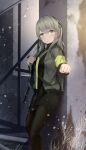  1girl black_legwear black_shirt black_skirt camouflage camouflage_jacket closed_mouth eyebrows_visible_through_hair feet_out_of_frame girls_frontline green_eyes grey_hair gun h&amp;k_ump hair_ribbon highres jacket long_hair looking_at_viewer open_clothes open_jacket pantyhose ribbon shirt skirt smile solo standing submachine_gun ump40_(girls&#039;_frontline) weapon weapon_on_back wo_you_yibei_jia_wanli 