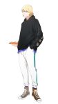  1boy ace_of_diamond bangs black_hoodie blonde_hair blue_eyes brown_footwear closed_mouth highres holding holding_phone hood hood_down hoodie lack_o looking_at_viewer male_focus okumura_koushuu pants phone shoes short_hair sneakers solo white_background white_pants 