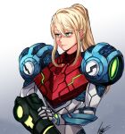  1girl absurdres antares_topaz arm_cannon armor bangs blonde_hair blue_eyes commentary english_commentary glowing gun highres long_hair looking_at_viewer metroid metroid_dread mole mole_under_mouth ponytail power_armor power_suit samus_aran science_fiction sidelocks simple_background solo upper_body weapon 