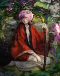  1girl absurdres blurry blurry_foreground closed_eyes closed_mouth collarbone erty113 flower hand_on_own_knee highres holding holding_sword holding_weapon japanese_clothes katana leaf long_sleeves on_grass outdoors pink_hair purple_flower short_hair sitting solo sukuna_shinmyoumaru sword touhou weapon white_flower wide_sleeves 