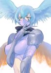  1girl arm_between_breasts bangs between_breasts bikini black_scarf blue_eyes blue_hair breasts check_commentary claws commentary_request digimon digimon_(creature) eyebrows_visible_through_hair facial_mark feathered_wings garter_straps hair_between_eyes hair_wings hand_up highres long_hair looking_at_viewer mask medium_breasts midriff mouth_mask navel purple_bikini raichi274 scarf shoulder_pads shutumon sidelocks simple_background solo swimsuit upper_body white_background wings 