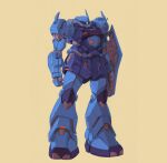  absurdres beige_background clenched_hand english_commentary evan_palmer gouf gundam highres holding holding_shield mecha mobile_suit mobile_suit_gundam no_humans one-eyed pink_eyes shield sketch solo spikes standing zeon 