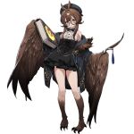  1girl :o animal_ears bangs bare_shoulders beret black_bow black_headwear black_jacket black_skirt book bow breasts brown_eyes brown_hair brown_wings claws clover_theater feathered_wings full_body glasses hair_ornament hairband hairpin harpy hat holding holding_book jacket long_hair looking_at_viewer medium_breasts monster_girl norris_(clover_theater) official_art shirt shisantian skirt sleeveless sleeveless_shirt solo transparent_background white_shirt winged_arms wings 