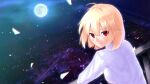  1girl absurdres arcueid_brunestud bangs blonde_hair clamch_owder closed_mouth day eyebrows_visible_through_hair hair_between_eyes highres long_sleeves looking_at_viewer outdoors red_eyes rooftop scenery shiny shiny_hair shirt short_hair smile solo tsukihime upper_body white_shirt 