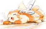  0bon blush closed_eyes commentary_request fangs furret highres no_humans open_mouth pokemon pokemon_(creature) solo tongue translation_request vacuum_cleaner white_background wooden_floor 