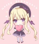  1girl bangs belt black_bow black_footwear black_headwear black_skirt blonde_hair blush bow chibi closed_mouth commentary_request english_text eyebrows_visible_through_hair frilled_skirt frills full_body hair_between_eyes happy_birthday heart holding holding_heart hoshi_(snacherubi) long_hair long_sleeves looking_at_viewer original over-kneehighs pink_background shirt simple_background skirt sleeves_past_wrists smile solo standing striped striped_legwear thigh-highs twintails very_long_hair violet_eyes white_shirt wing_hair_ornament 