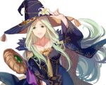  1girl adjusting_clothes adjusting_headwear alternate_costume blue_dress blue_headwear breasts collarbone commentary_request dress eyebrows_visible_through_hair fire_emblem fire_emblem:_three_houses fire_emblem_heroes floating_hair flower forehead gold_trim green_eyes green_hair halloween halloween_costume hand_on_headwear hat hat_flower highres holding holding_staff holding_weapon jnsghsi large_breasts long_hair official_alternate_costume open_mouth rhea_(fire_emblem) simple_background smile solo staff tongue upper_body very_long_hair weapon white_background white_flower wide_sleeves witch witch_hat 