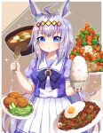  1girl :t absurdres animal_ears bangs black_bow black_hair blue_eyes blue_shirt blush bow bowl breasts caramell0501 closed_mouth commentary_request croquette eating eyebrows_visible_through_hair food_request fried_egg grey_hair highres holding holding_bowl holding_spoon horse_ears miso_soup multicolored_hair oguri_cap_(umamusume) pleated_skirt puffy_short_sleeves puffy_sleeves purple_hair rice rice_bowl shirt short_sleeves skirt small_breasts solo spoon two-tone_hair umamusume 