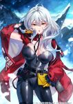  1girl belt breasts deep_insanity eyebrows_visible_through_hair gloves hair_between_eyes highres jacket large_breasts long_hair mole mole_on_breast mountainous_horizon open_clothes open_jacket outdoors solo tight white_hair yaki_mayu yellow_eyes zipper_pull_tab 