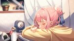  1girl ahoge arm_pillow bottle clock closed_eyes curtains desk food hair_bun highres indoors kuri_(animejpholic) milk onigiri original pink_hair ribbon shirt short_hair sleeping solo window yellow_shirt 