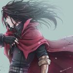  1boy black_hair cloak final_fantasy final_fantasy_vii gauntlets gloves headband highres long_hair looking_ahead messy_hair pale_skin red_eyes vincent_valentine warori_anne 