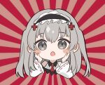  1girl bangs blush chibi chiem_(vtuber) collared_shirt frilled_hairband frills grey_eyes hairband indie_virtual_youtuber long_sleeves open_mouth red_neckwear second-party_source shirt sidelocks silver_hair solo tuna_tuna04 two_side_up virtual_youtuber wide_sleeves 