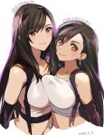  2girls asymmetrical_docking bangs breast_press breasts brown_hair collarbone comparison crop_top dated dual_persona earrings elbow_gloves english_text eyebrows_visible_through_hair final_fantasy final_fantasy_vii final_fantasy_vii_remake gabu_(az210309) gloves jewelry large_breasts long_hair looking_at_viewer midriff multiple_girls navel red_eyes smile swept_bangs tank_top tifa_lockhart white_tank_top 