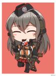  1girl ^_^ absurdres assault_rifle bangs black_footwear black_gloves black_headwear black_legwear blush_stickers boots brown_background candy chibi chocolate chocolate_bar closed_eyes cross-laced_footwear ear_protection eyebrows_visible_through_hair facing_viewer food food_in_mouth full_body garrison_cap girls_frontline gloves goggles goggles_around_neck grey_hair gun hair_between_eyes hand_up hat highres holding holding_gun holding_weapon jacket lace-up_boots long_hair long_sleeves mouth_hold ndtwofives object_namesake pantyhose pleated_skirt red_skirt rifle sig_500_(girls&#039;_frontline)_(ndtwofives) sig_550 simple_background skirt solo standing v very_long_hair weapon 