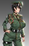  1girl anima_(togashi) blue_eyes boots breasts close-up commission gradient gradient_background hat high_heels highres large_breasts latex latex_boots mature_female medal military military_hat military_uniform necktie original short_hair simple_background solo standing uniform 