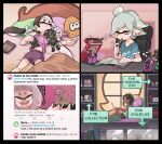  4girls amiibo bed bookshelf callie_(splatoon) character_doll english_text food gomipomi marie_(splatoon) marina_(splatoon) multiple_girls nintendo_switch pearl_(splatoon) pocky reading short_shorts shorts sitting sleeping smile splatoon_(series) splatoon_1 splatoon_2 tentacle_hair twitter window 