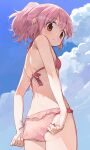  1girl adjusting_clothes adjusting_swimsuit ass bikini blue_sky blush breasts closed_mouth clouds commentary_request day eyebrows_visible_through_hair highres hiroki_(yyqw7151) kaname_madoka looking_at_viewer mahou_shoujo_madoka_magica pink_bikini pink_hair polka_dot polka_dot_bikini ponytail red_eyes short_hair sky small_breasts solo swimsuit 