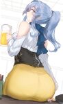  1girl 2girls alcohol alternate_costume ass bare_shoulders beer beer_mug black_footwear black_scrunchie blue_eyes blue_hair blush boots breasts corset cup desk detached_sleeves dress eyebrows_visible_through_hair fairy_(kancolle) from_behind full_body gotland_(kancolle) hair_between_eyes holding holding_cup kantai_collection large_breasts long_hair long_skirt looking_at_viewer looking_back mole mole_under_eye mug multiple_girls official_alternate_costume on_desk open_mouth ponytail scrunchie shirt sitting sitting_on_desk skirt smile solo symbol-only_commentary transparent_background utopia white_shirt yellow_skirt 