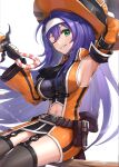  1girl black_gloves breasts clothing_cutout detached_sleeves fingerless_gloves fire_emblem fire_emblem:_path_of_radiance fire_emblem_heroes gloves gonzarez green_eyes hat highres long_hair medium_breasts mia_(fire_emblem) navel navel_cutout one_eye_closed purple_hair simple_background solo very_long_hair white_background witch_hat 