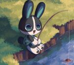 1girl :d animal_crossing blue_eyes dotty_(animal_crossing) fishing fishing_rod fouinar grass highres open_mouth outdoors rabbit shadow sitting smile solo water 