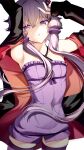  1girl :o armpits arms_up bangs bare_shoulders cluseller cowboy_shot flat_chest hair_ornament highres long_sleeves looking_at_viewer off_shoulder parted_lips purple_hair purple_legwear simple_background solo thigh-highs violet_eyes voiceroid white_background yuzuki_yukari 
