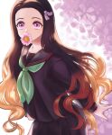  1girl black_hair black_sailor_collar black_serafuku black_shirt black_skirt blonde_hair collared_shirt floating_hair flower gradient_hair green_neckwear hair_ribbon highres kamado_nezuko kimetsu_no_yaiba leaning_forward long_hair long_sleeves multicolored_hair neckerchief orange_hair pink_eyes pink_flower pink_ribbon pleated_skirt ribbon sailor_collar sailor_shirt school_uniform serafuku sha_(pixiv45667405) shiny shiny_hair shirt skirt solo standing very_long_hair 