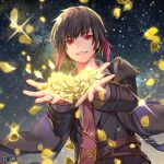  1boy black_hair brown_eyes character_request coat commentary_request dairoku_ryouhei flower golden_rose hands_up multicolored_hair necktie night official_art penguu_(green528) petals redhead rose shirt smile starry_background streaked_hair wind 
