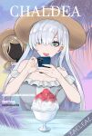  1girl anastasia_(fate) anastasia_(swimsuit_archer)_(fate) cellphone doll dress fate/grand_order fate_(series) fingernails hair_over_one_eye hat highres jaheterbang long_hair phone shaved_ice silver_hair smartphone spoon straw_hat sundress taking_picture twilight viy_(fate) 