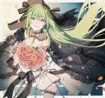 1girl black_ribbon bouquet breasts chain collar commentary_request dress eyebrows_visible_through_hair feet_out_of_frame flower girls_frontline green_hair hair_ribbon highres holding holding_bouquet holding_flower lock long_hair looking_at_viewer mk48_(girls&#039;_frontline) open_mouth petals rabb_horn red_eyes ribbon smile smirk solo standing thigh-highs wedding wedding_dress white_collar white_dress white_legwear yandere 