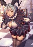 1girl avatar_(ffxiv) blurry blurry_background breasts center_opening checkered checkered_floor downblouse dress facial_mark fictional_persona final_fantasy final_fantasy_xiv gloves green_eyes grin hand_up highres horns kneehighs leaning_forward lips long_sleeves looking_at_viewer medium_hair miqo&#039;te multicolored_hair neck_ruff outdoors outstretched_arm outstretched_hand puffy_long_sleeves puffy_sleeves short_dress skindentation slit_pupils smile solo spread_fingers tail udongo99 veins veiny_breasts veiny_thighs whisker_markings 