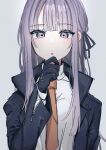  1girl :o bangs black_gloves black_jacket black_ribbon blunt_bangs collared_shirt danganronpa:_trigger_happy_havoc danganronpa_(series) eyebrows_visible_through_hair gloves grey_background hair_ribbon hand_on_own_chin hand_up highres jacket kirigiri_kyouko long_hair long_sleeves looking_at_viewer necktie open_clothes open_jacket open_mouth orange_neckwear ribbon shiny shiny_hair shirt simple_background solo upper_body violet_eyes white_shirt yusei_majikku_(yusei_magic_100) 