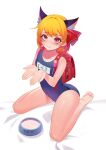  1girl animal_ears backpack bag blonde_hair blue_swimsuit bowl cat_ears collarbone covered_navel hair_ribbon highres korean_text navel recare red_eyes red_ribbon ribbon rumia school_swimsuit short_hair simple_background solo swimsuit touhou translation_request white_background 