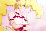  1girl arms_under_breasts blonde_hair breast_hold breasts choker collarbone crossed_arms cure_peach earrings fresh_precure! fuchi_(nightmare) hair_ornament heart heart_earrings heart_hair_ornament jewelry large_breasts long_hair magical_girl momozono_love pink_choker precure puffy_short_sleeves puffy_sleeves red_eyes short_sleeves smile solo twintails upper_body 