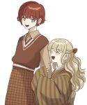  2girls :d arm_hug bangs blonde_hair blush bow brown_kimono brown_shirt brown_sweater collared_shirt danganronpa_(series) danganronpa_2:_goodbye_despair dress_shirt eyebrows_visible_through_hair hair_bow happy height_difference highres japanese_clothes kimono koizumi_mahiru long_hair multiple_girls open_mouth plaid plaid_skirt red_bow redhead renshu_usodayo saionji_hiyoko shiny shiny_hair shirt short_hair simple_background skirt sleeves_past_wrists smile striped striped_kimono sweater symbol-only_commentary white_background 