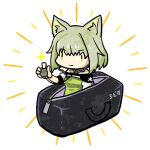  1girl animal_ear_fluff animal_ears arknights bag cat_ears cat_girl closed_mouth dress duffel_bag green_dress green_eyes green_hair highres kal&#039;tsit_(arknights) off-shoulder_dress off_shoulder sarasa353 short_hair simple_background solo stethoscope white_background 
