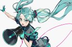  1girl armband black_shirt blue_gloves blue_neckwear blue_skirt breasts collared_shirt commentary earpiece eyebrows_visible_through_hair floating_hair gloves hair_between_eyes hatsune_miku holding holding_megaphone karasu_btk koi_wa_sensou_(vocaloid) light_blue_eyes light_blue_hair long_hair looking_at_viewer megaphone miniskirt necktie open_mouth outstretched_arm shirt short_sleeves simple_background skirt small_breasts solo twintails upper_body v-shaped_eyebrows vocaloid white_background wing_collar 