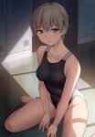  1girl barefoot black_swimsuit breasts brown_eyes collarbone commentary_request competition_swimsuit grey_hair hashi looking_at_viewer medium_breasts one-piece_swimsuit original short_hair sitting solo swimsuit tomboy wariza 
