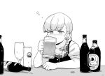  1girl alcohol bangs beer beer_bottle beer_mug blunt_bangs blush commentary_request cup dirndl drinking drinking_glass eyebrows_visible_through_hair fujinoki_(horonabe-ken) german_clothes holding holding_cup kantai_collection long_hair monochrome mug shin&#039;you_(kancolle) simple_background solo upper_body white_background wine_glass 