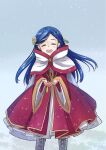  1girl :d absurdres bangs blue_hair boots braid cape closed_eyes dress facing_viewer floating_hair grey_background hair_ornament hairpin highres honzuki_no_gekokujou long_hair long_sleeves maine_(honzuki_no_gekokujou) open_mouth parted_bangs red_dress shiny shiny_hair smile solo standing white_cape white_footwear wide_sleeves 