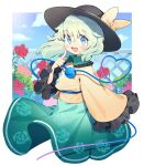  1girl black_headwear blue_eyes blush bow eyebrows_visible_through_hair fence flower green_hair hat hat_bow hat_ribbon iroyopon komeiji_koishi long_sleeves looking_at_viewer open_mouth red_flower red_rose ribbon rose short_hair smile solo third_eye touhou yellow_bow yellow_ribbon 