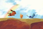  :d ^_^ animal bird blue_sky closed_eyes closed_mouth clouds cloudy_sky day from_side highres no_humans open_mouth outdoors pig pokemon pokemon_(creature) rainbow running shinx signature sky smile sofra tepig torchic twitter_username 
