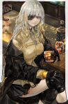  1girl alcohol black_gloves blonde_hair blush bottle braid crossed_legs dog_tags eyepatch girls_frontline gloves grey_eyes hand_on_own_knee highres knee_pads long_hair long_sleeves looking_at_viewer m16a1_(boss)_(girls&#039;_frontline) mole mole_under_eye multicolored_hair nslacka off_shoulder pleated_skirt scar scar_across_eye sitting skirt smile solo two-tone_hair whiskey white_hair 