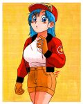  1girl aaronhibiki bare_legs baseball_cap blue_hair blush breasts bulma dragon_ball dragon_ball_(classic) dragon_radar gloves hat highres jacket large_breasts long_hair red_jacket shirt short_shorts shorts simple_background star_(symbol) t-shirt thighs white_shirt yellow_background yellow_gloves 