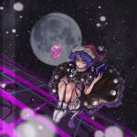  1girl black_dress blue_hair blurry blurry_background book doremy_sweet dress erty113 full_body full_moon hat holding holding_book looking_at_viewer moon night night_sky nightcap pom_pom_(clothes) red_headwear sky socks solo star_(sky) starry_sky touhou white_bloomers white_legwear 