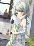  1girl antenna_hair apron bangs bare_shoulders blurry blurry_foreground blush brick_wall camisole commentary_request counter depth_of_field eyebrows_visible_through_hair food frilled_apron frills fruit green_apron green_eyes green_hair highres holding long_hair looking_at_viewer looking_to_the_side mimura_zaja original parted_lips pineapple skirt smile solo spatula white_camisole white_skirt window 